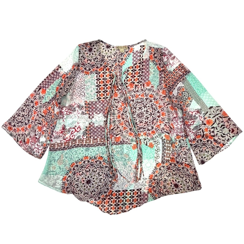 Energe World Wear Womens XL Patchwork Mandala Chiffon Blouse Tassel Tie Top Teal